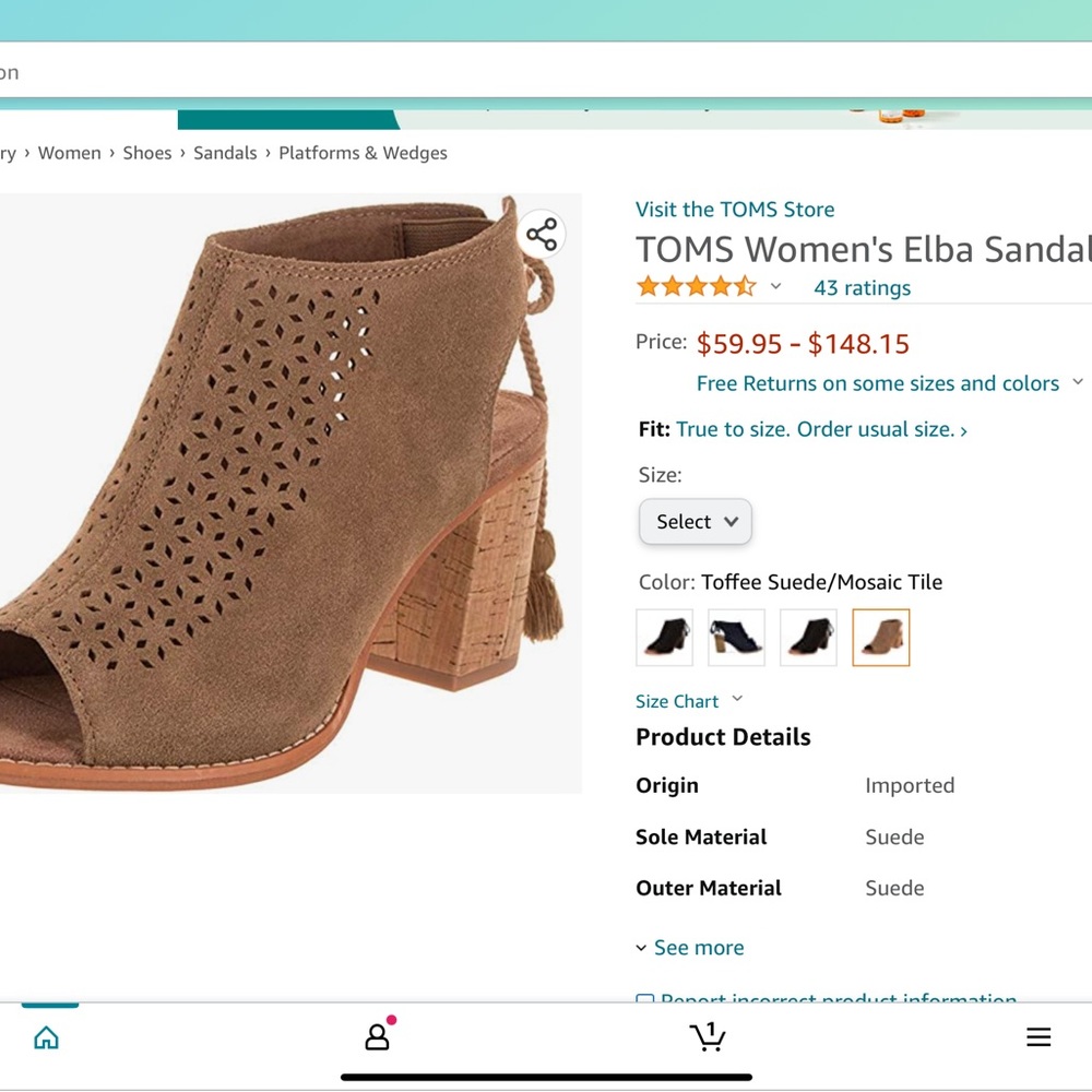 Toms Elba Sandal/bootie Chestnut suede color, EUC worn once only!
